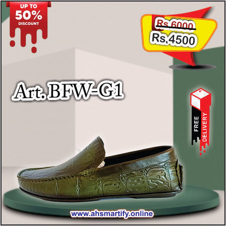 BFW-G1 Olive Green Moc, Premium cow leather with Croco texture