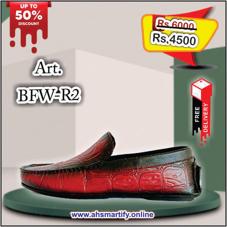 BFW-R2 Redish Moccasin, Crocodile texture on Cow Leather