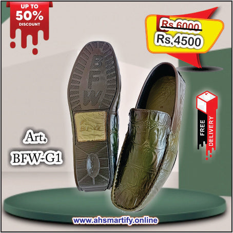 BFW-G1 Olive Green Moc, Premium cow leather with Croco texture